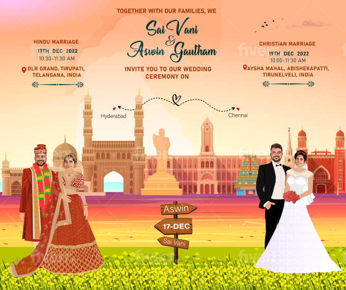 Make a customized wedding card illustration with couple cartoon by  Saharkaleem | Fiverr