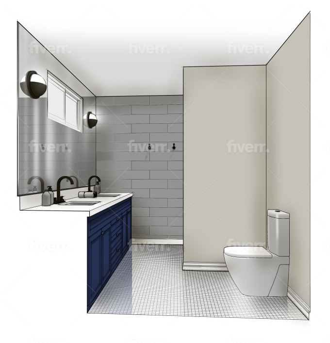 Interior design project, black and white ink sketch, architecture • wall  stickers sink, shower, bathtub | myloview.com