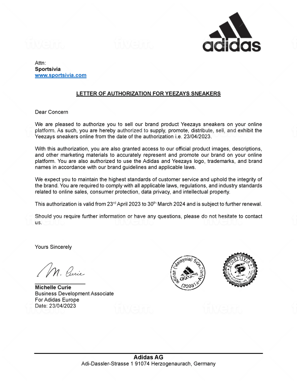 Adidas brand shop authorization letter