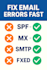 fix email issues like dns, spf, txt, mx records, SMTP and delivery errors