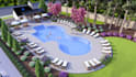 create backyard landscape design, pool, patio and garden 3d rendering
