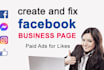 create and fix facebook business page,  fb page, fan page