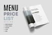 design salon, spa, gym, restaurant, food price menu, or price list