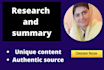 do research and write summary