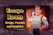 create escape room game with puzzles, story, and graphics