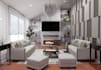 do interior design of living room, kitchen, and bathroom with 3d rendering
