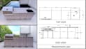 design your 3d outdoor kitchen with measurements plan and appliances, backyard