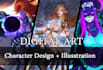 draw character in digital art, card games illustration