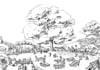 draw detailed pen and ink fantasy background illustration with crosshatching