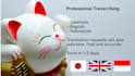 write a transcript in japanese, english and indonesian