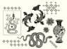 create flash tattoo woodblock style, traditional, vintage