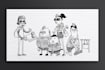 draw scenario in  black and white cartoony line drawing style