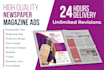 design creative newspaper ads, magazine ads, and postcard