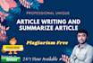 do high quality article writing and summarize any content or book