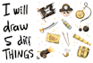 draw illustrations of 5 things in flat cartoon style