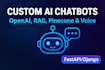 create ai chatbots with openai, claude, llm, rag, pinecone, with fastapi, django
