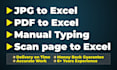 convert PDF to excel, scan images to excel or google sheet and copy paste jobs