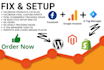 fix and setup google analytics, tag manager facebook pixel installation in 2hour