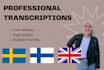 transcribe audio and video recordings in english, swedish, finnish