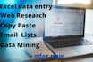 web scraping, data mining, email scraping, and data entry