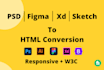 convert PSD to html, figma to html, sketch, xd to HTML responsive with bootstrap