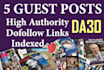 write and publish 5 guest blog post on high authority blogs