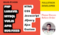 fix errors bugs in html, css, bootstrap, js, jquery, laravel, php, mysql, vuejs