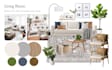 create interior design mood board, floor plan, 3d render