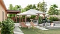design backyard, front yard, pool, patio, outdoor space, garden and 3d rendering