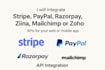 integrate stripe, paypal, razorpay, ziina, mailchimp or zoho bookings