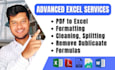 do PDF  to excel, formatting, cleaning, splitting, formulas, remove duplicates
