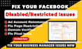 fix disable facebook business manager issues, fix ad account, setup fb ads