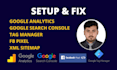 setup google analytics, search console, tag manager, XML sitemap and fix errors