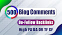 do 500 blog comment high da contextual SEO backlinks dofollow