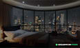 create luxury apartment in a rainy night city with rain sound