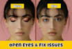 do eye correction, open eyes, and retouching