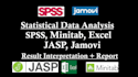 do statistical testing in spss, excel, minitab, jamovi, stata, and report