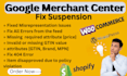 fix google merchant center suspension, misrepresentation issues