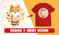 create t shirt design animal food illustration in cute kawaii style