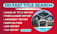 provide property title search, chain of title, open liens and surplus funds