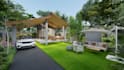 design backyard, pool, and garden with realistic 3d render