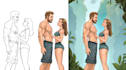 sketch, outline and color cartoon illustrations