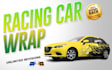 create racing car wrap, itasha wrap design with extreme creativity