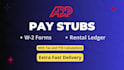 prepare adp pay stubs w2 and rental ledger for apt