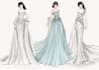 draw a fashion illustration and sketch , bridal wedding dress, prom and gown