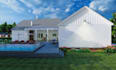do backyard landscape design with garden, pool, and patio 3d rendering
