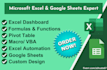 be expert in microsoft excel spreadsheet, google sheets, vba, macro, automation