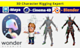 do 3d character rigging in maya, blender, wonder dynamics and auto rig pro