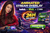 design animated twitch overlay obs overlay stream logo banner and emotes
