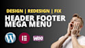 create and optimize  wordpress header footer mega menu with elementor